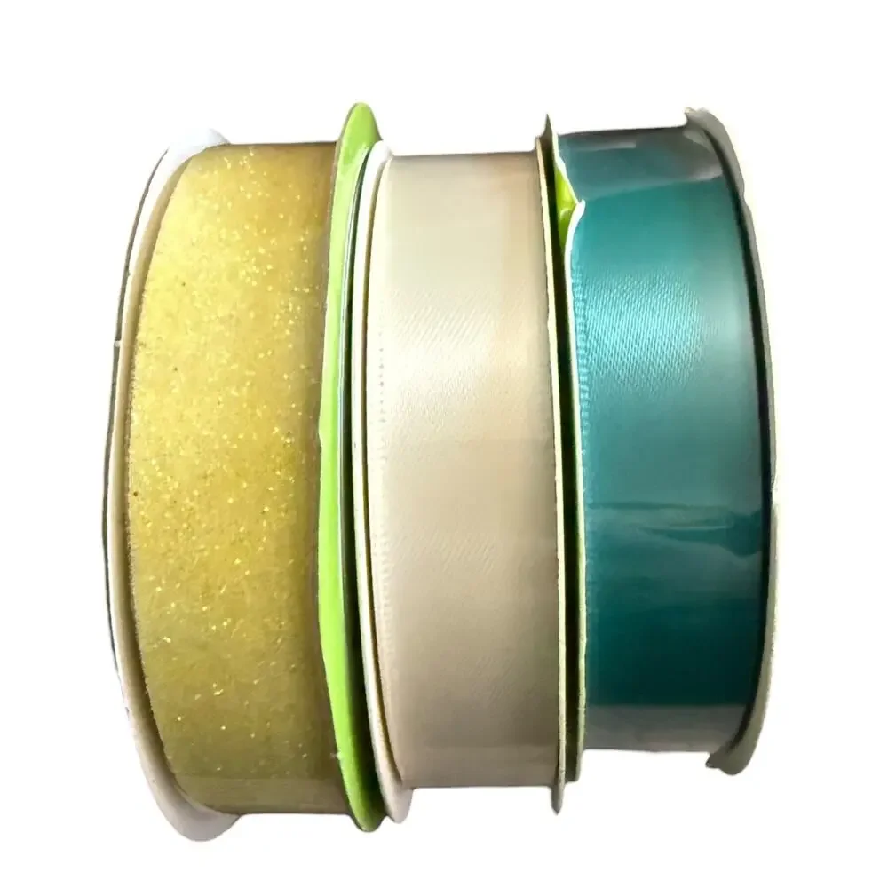 Floral Garden 3 Ribbon Rolls Sparkle Yellow White Turquoise-Green
